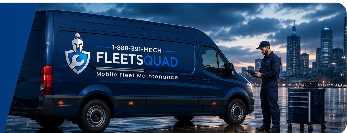 A branded FleetSquad mobile service van with a technician on site