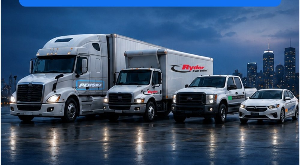 A FleetSquad-serviced fleet of semi-trucks, box trucks, a pickup and a sedan on a wet lot at dusk